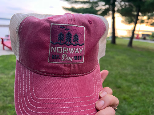 Norway Bay trucker hat - washed pigment dyed - maroon & stone