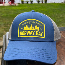 Load image into Gallery viewer, BLUE TRUCKER HAT WITH CUSTOM NORWAY BAY PATCH