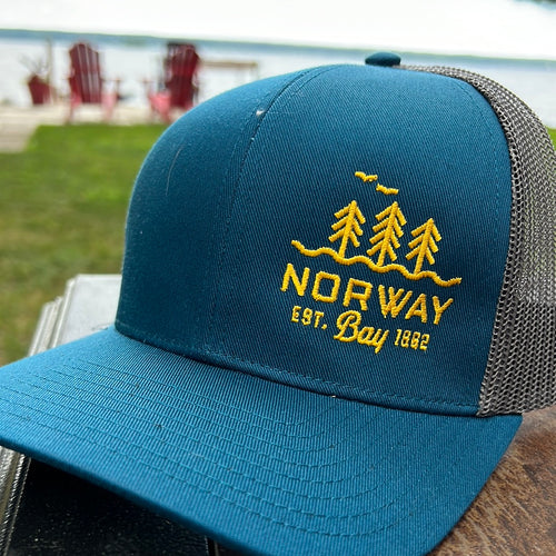 TEAL STRUCTURED TRUCKER HAT WITH CUSTOM NORWAY BAY EMBROIDERY