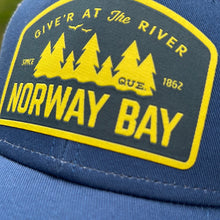 Load image into Gallery viewer, BLUE TRUCKER HAT WITH CUSTOM NORWAY BAY PATCH